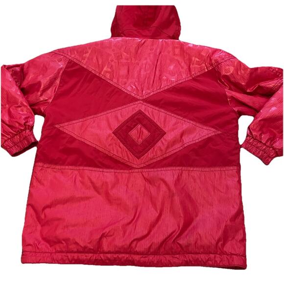 VTG 80s Red Ski Jacket Diamond Aztec Retro Hooded GORGEOUS Parka Snow Outdoor L - Picture 2 of 16